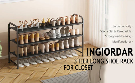 Shoe Rack 3 Tier Long Storage Organizer Wide Metal Shoe Shelf for Closet Entryway Black
